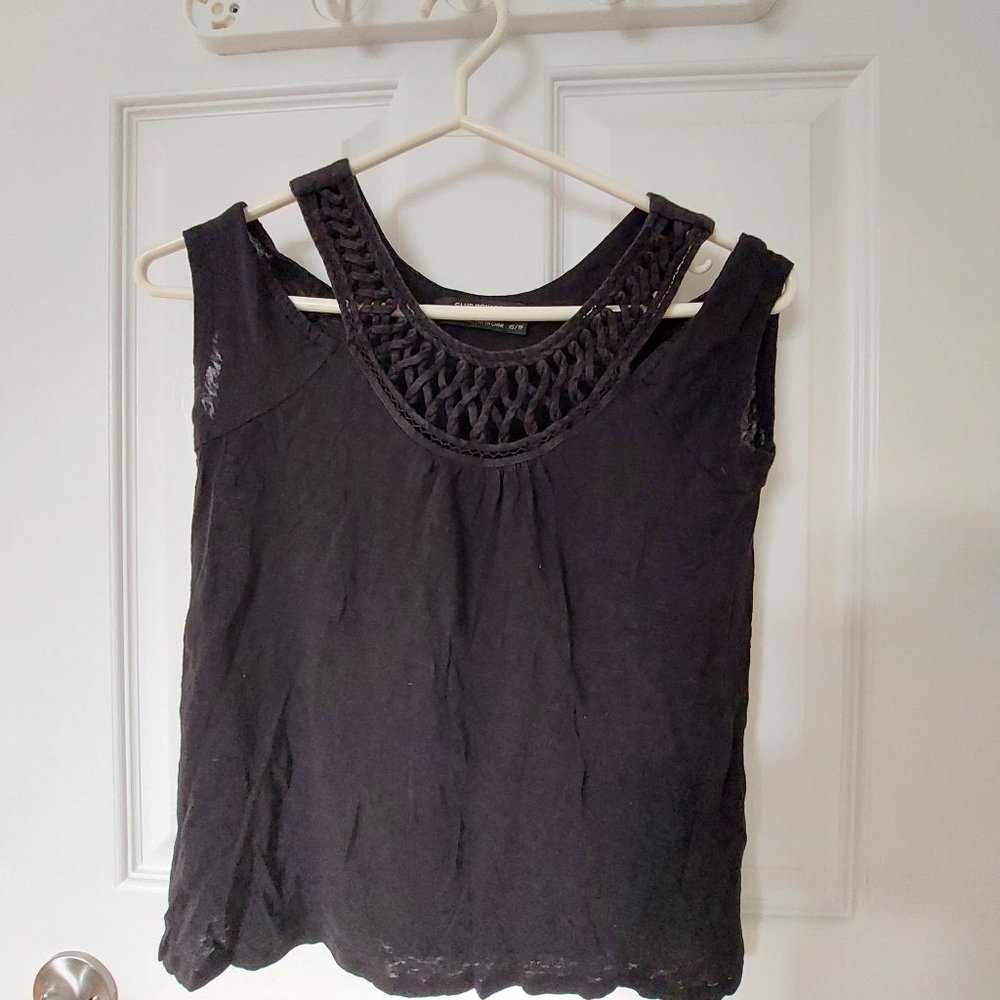 Club Monaco 100% Linen Swing Cold-Shoulder Lace-up Crochet Tee/Top. Black, XS